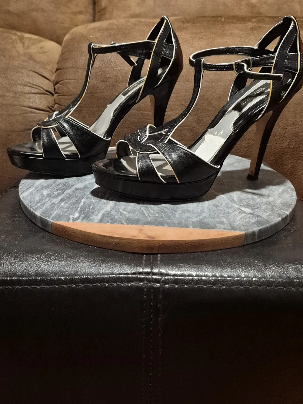 White House Black Market Black T‑Bar Stiletto Sandals with White Trim
